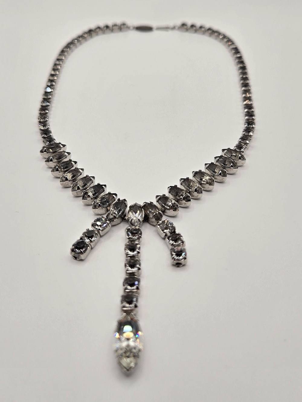 Vintage Rhinestone Drop Necklace – Mid-Century Silver Tone Statement Necklace - Picture 4 of 13